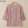 ZANZEA Women Casual V-Neck Loose 3/4 Sleeve Floral Print Blouse
