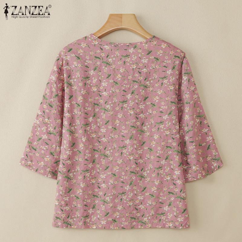 ZANZEA Women Casual V-Neck Loose 3/4 Sleeve Floral Print Blouse