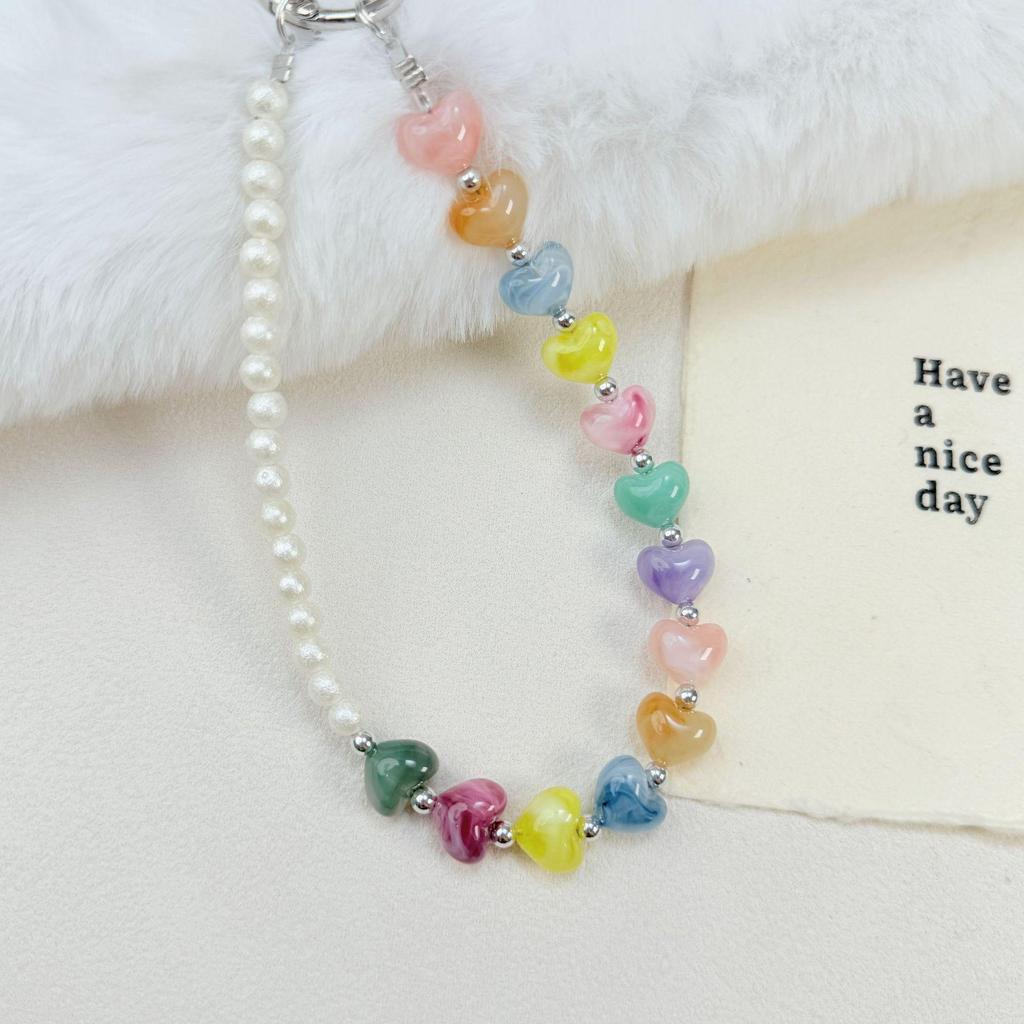 Trending Heart-Shaped Phone Chain: Beaded Pendant, Rainbow Pearl Keychain, Light Luxury Charm