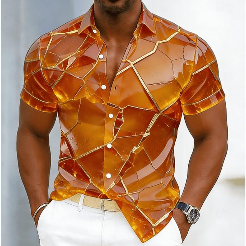 Men's Marble Geometric Line Print Short Sleeve Shirt, Spring Summer Luxury Casual Commute Blouse, Loose Casual Top