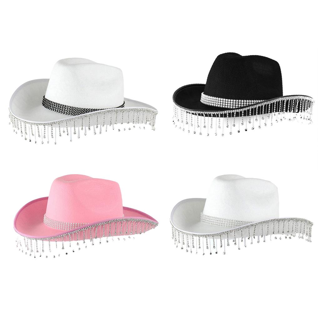 Rhinestone Tassels Cowboy Hat for Women Teens Breathable Wide Brim Beach Hat Music Festival Hat Bachelorette Party Cap