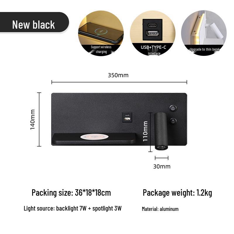 Minimalist LED Bedside Wall Light with Wireless Charger & USB Reading Light