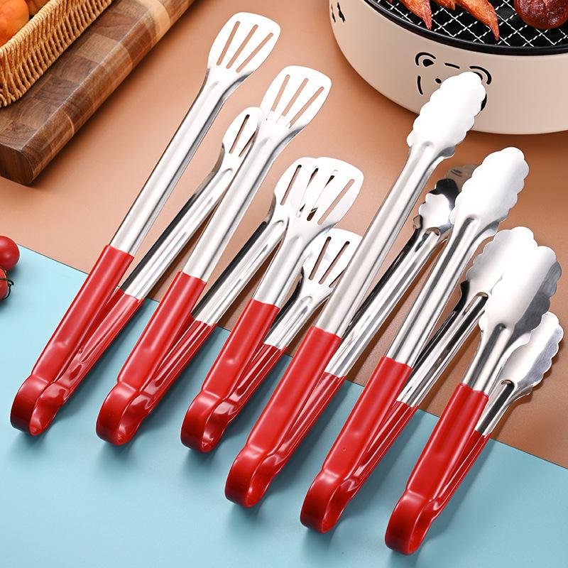 Red Silicone Stainless Steel Anti-Slip BBQ Tongs – Anti-Scald Kitchen Tongs for Bread and Food