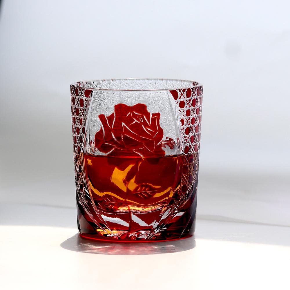 240ml Classic Handmade Edo Kiriko Whiskey Glass Tumbler with Rose Design Japanese Style Red Blue Cocktail Cup with Gift Box