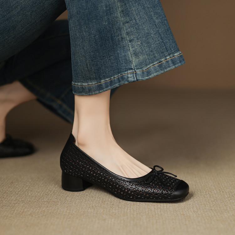 

French retro round head bow hollow single shoes women s 2025 summer new soft light mouth thick heel women s shoes breathable 39 чёрный