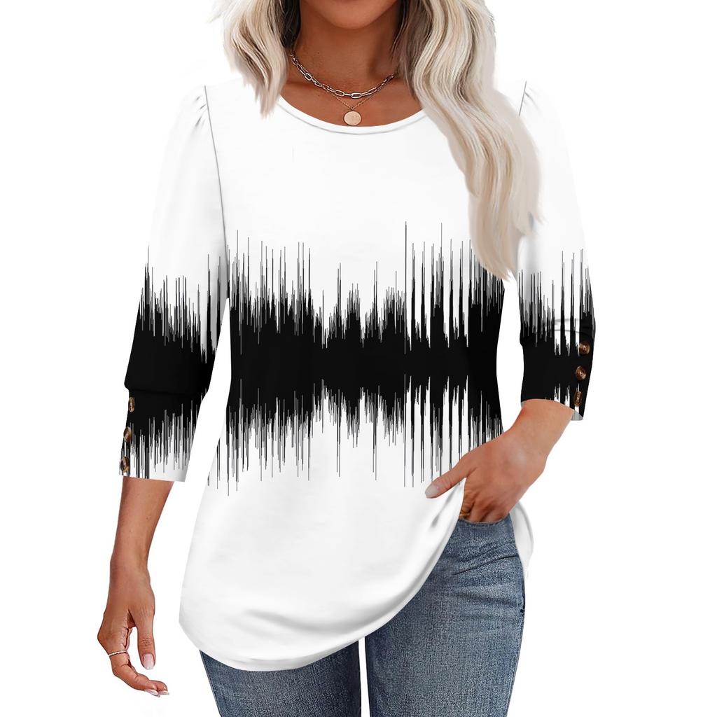Women's Fashion Casual Color Block Stitched Print Round Neck Seven-sleeve T-shirt Top