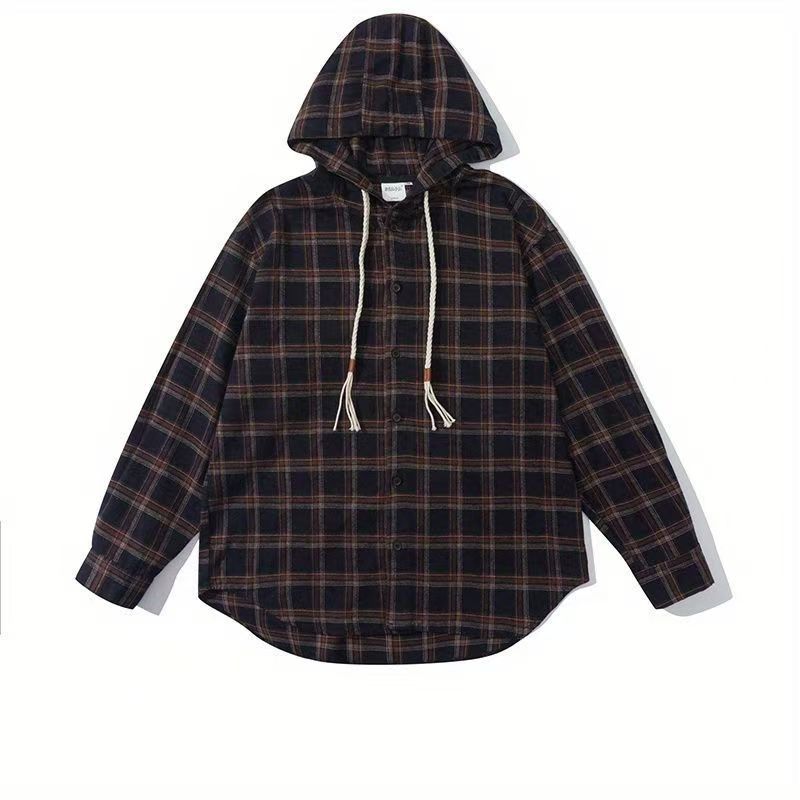 Autumn New Plaid Hooded Shirt Men's Design American Retro Plaid Long-sleeved Shirt Jacket