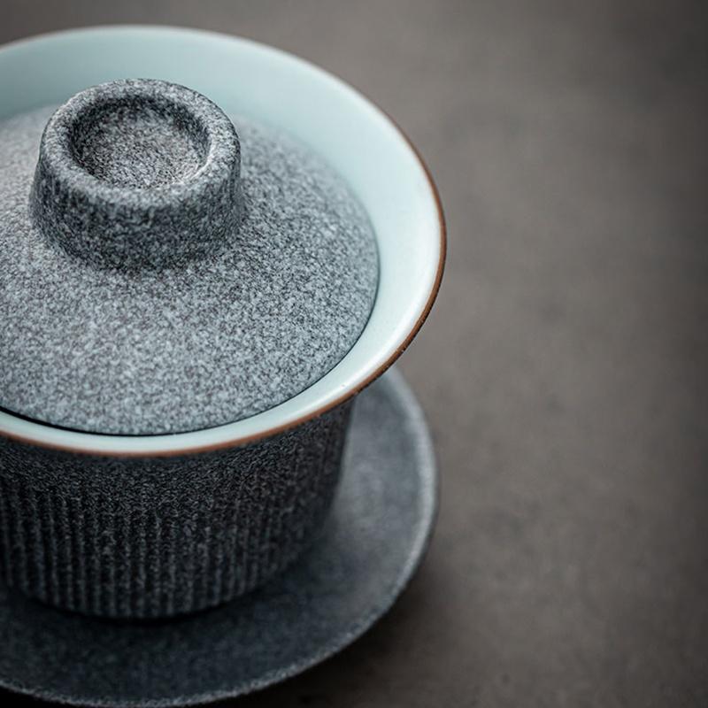 140ml Blue Stone Glaze Ceramic Gaiwan Vintage Sancai Bowl Japanese Style Tea Ceremony Bowl