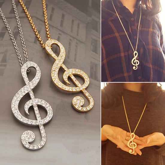 Fashion Women Fully Rhinestone Music Note Pendant Long Chain Sweater Necklace