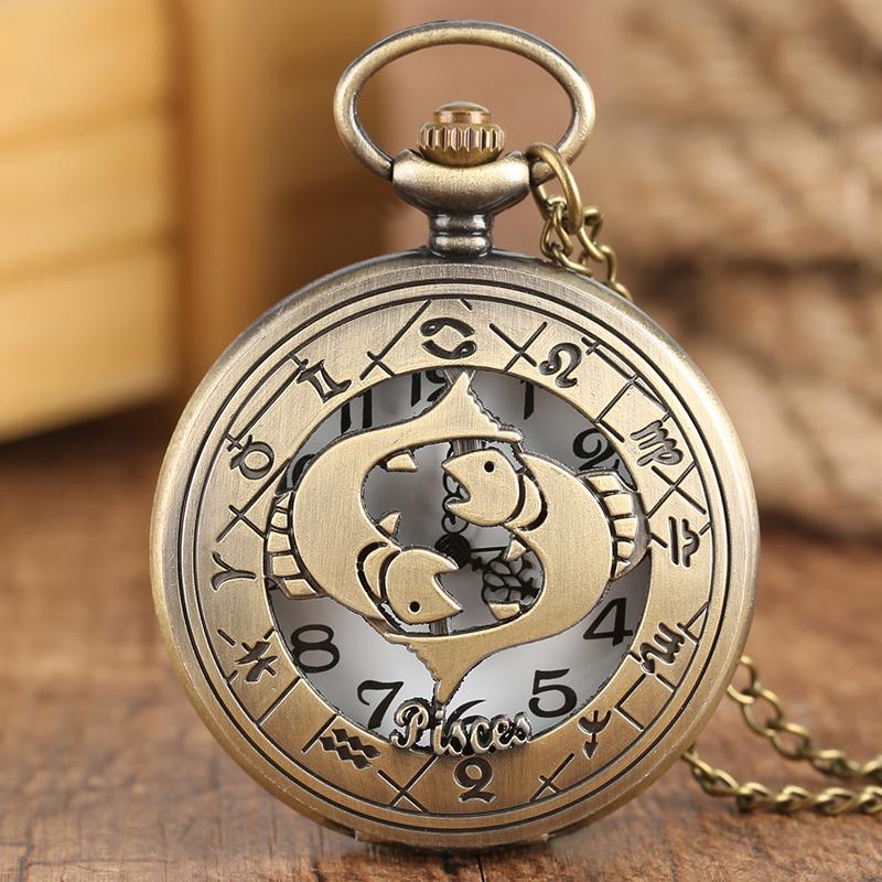 12 Constellation Astrology Zodiac Retro Pocket Watch Bronze Necklace Pendant Mens Women Hollow Flip Cover Quartz Christmas Gifts