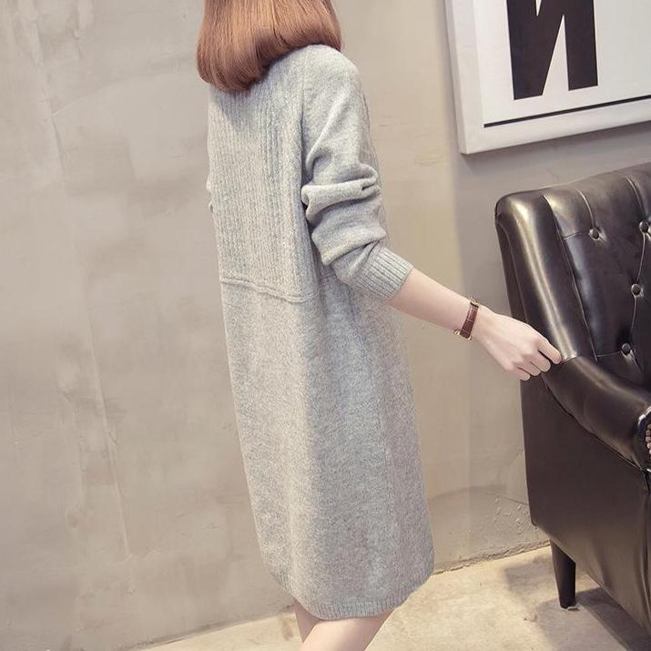 Half Turtleneck Sweater for Women In Autumn and Winter Loose Long-sleeved Mid-length Knitted Dress Solid Color Casual Pullover