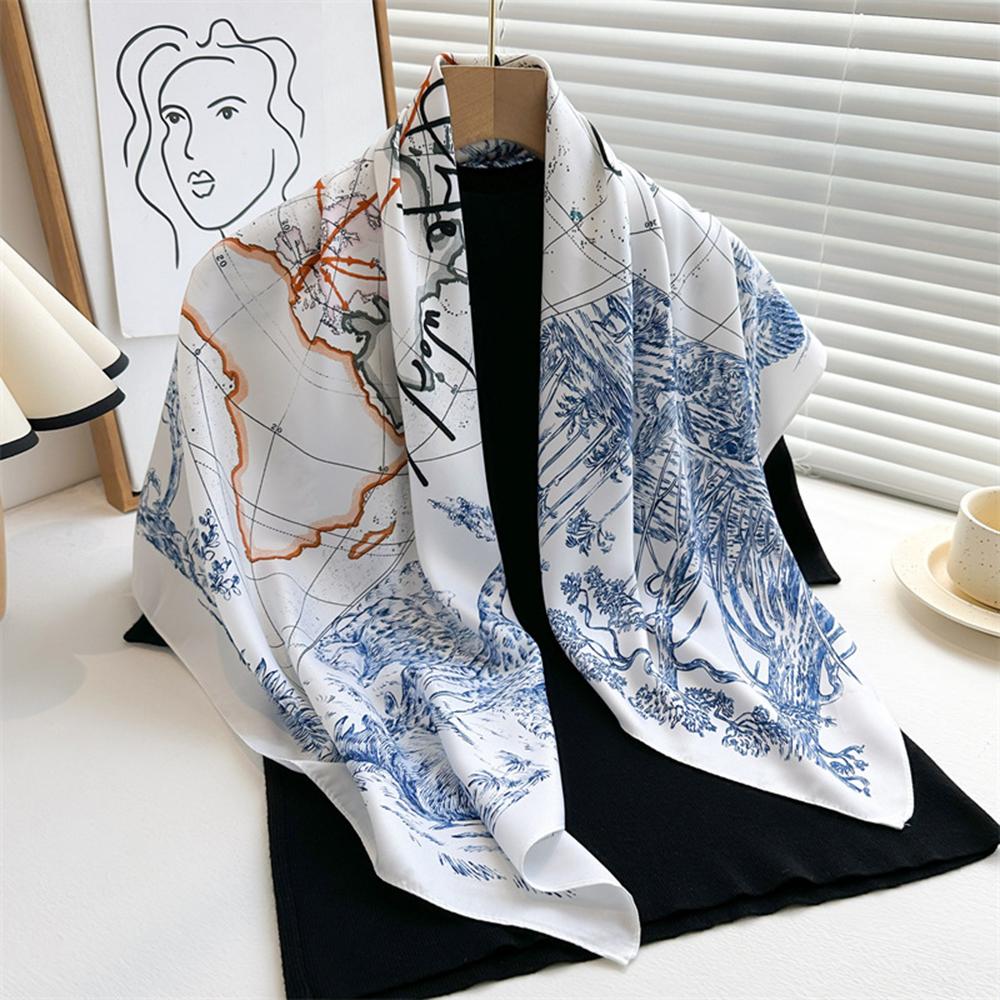 90×90CM New Summer Fashion Women Printed Square Scarf Soft Satin Scarf Sun Protection Outer Shawl For Women