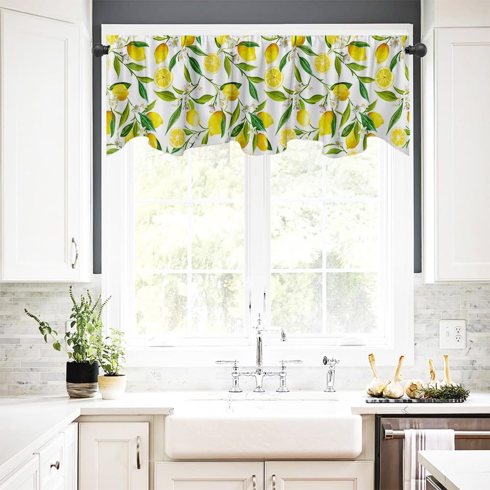 Nature Exotic Lemon Tree Branches Treatment Valance Watercolor Plant Fruit Art Window Valance with Rod Pocket for Kitchen Dining Room Window