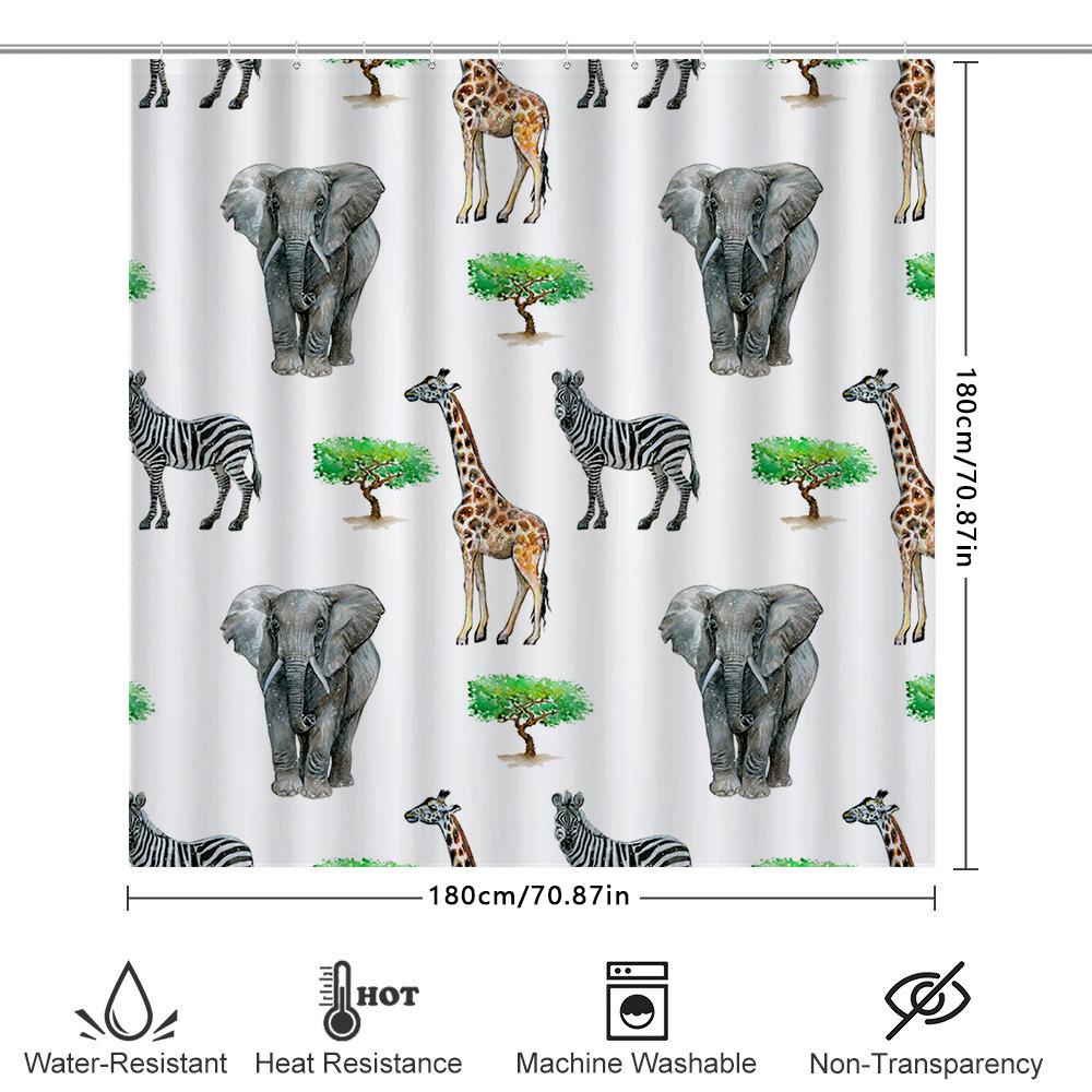 Animal Friends: Cute Safari Animal Shower Curtain Set With Green Trees Perfect For Your Bathroom Decor