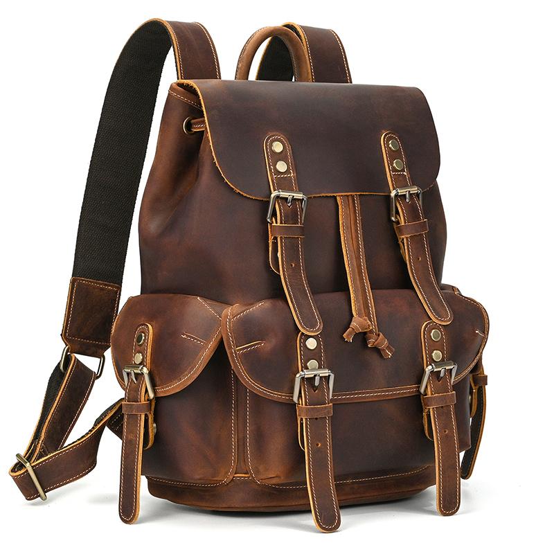 High Fashion Men's Leather Backpack Genuine Leather Male Laptop Backpack 15 16 17.3 Inch Bagpack Travel Bag Vintage Man Backpack