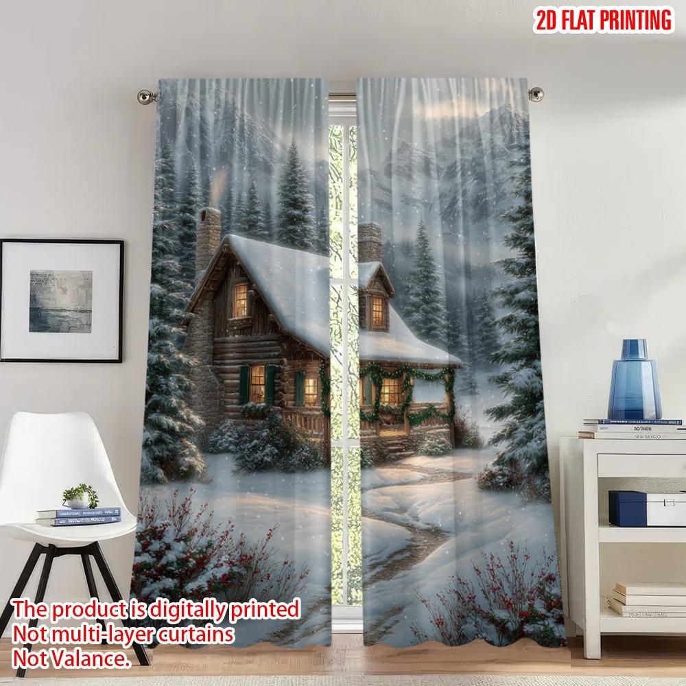 

Set Of 2 Flat Printing Christmas Hot Curtains Cozy Cabin Snowscape Winter Forest Digital Printed Polyester Drapes Family Classic Made W100*H70(CM)-Grommet top&1PCS