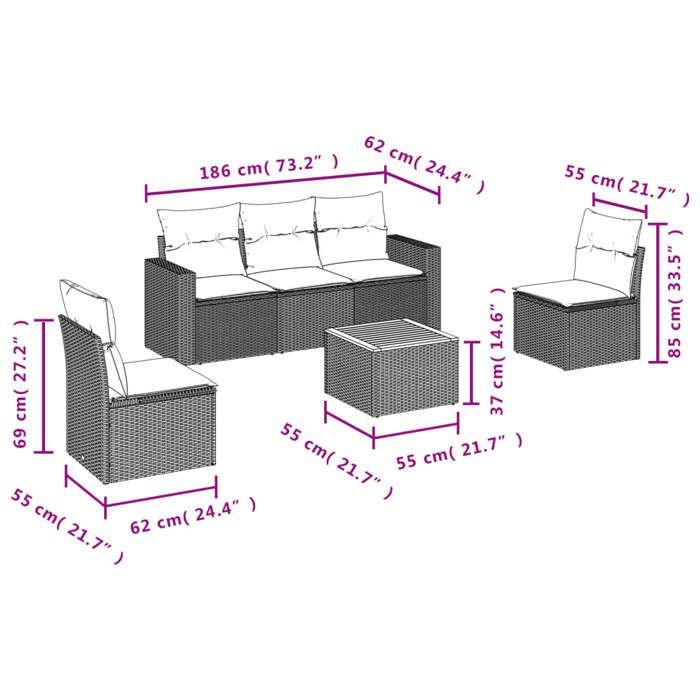 VidaXL Salon de Jardin avec Coussins 6 pcs, Canapés de Terrasse, Ensemble de Meubles de Patio, Mobilier d'Extérieur, Mélange 3256395