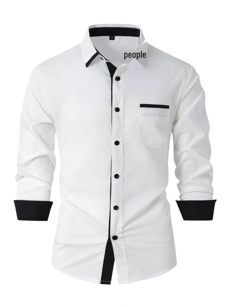 Men's Color Block Slim Fit Cotton Shirt - Long Sleeve, High-End Business Fashion