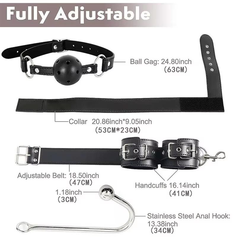 BDSM Sex Bondage Restriksjoner Kit Lær Lårsele Brystbelte Bak Ryggen Håndjern Åpne Ben SM Slave Fetisj Analkrok