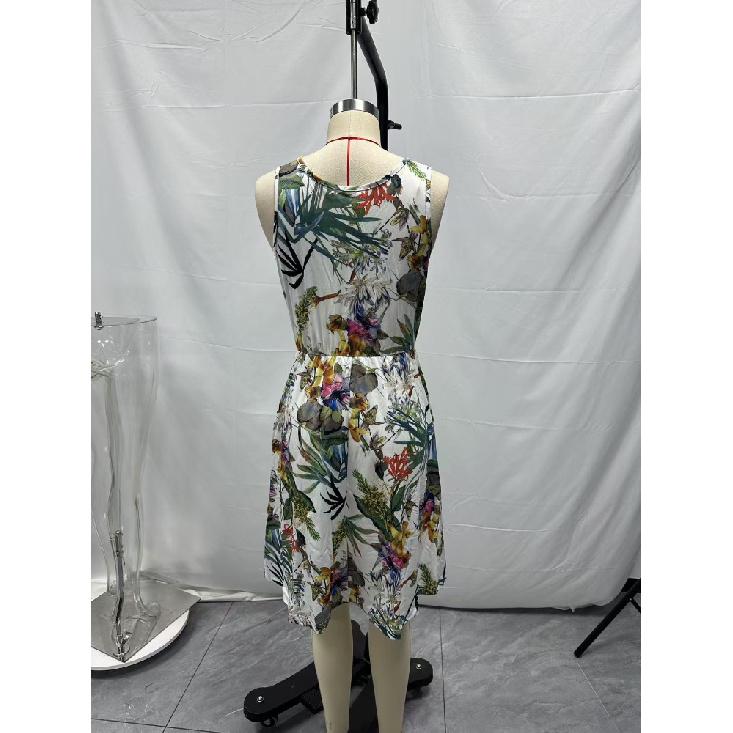 Women Elegant V-Neck Fashion Printed Pocket Sleeveless Dresses Summer Ladies Casual Short Dress Female Party Vestidos