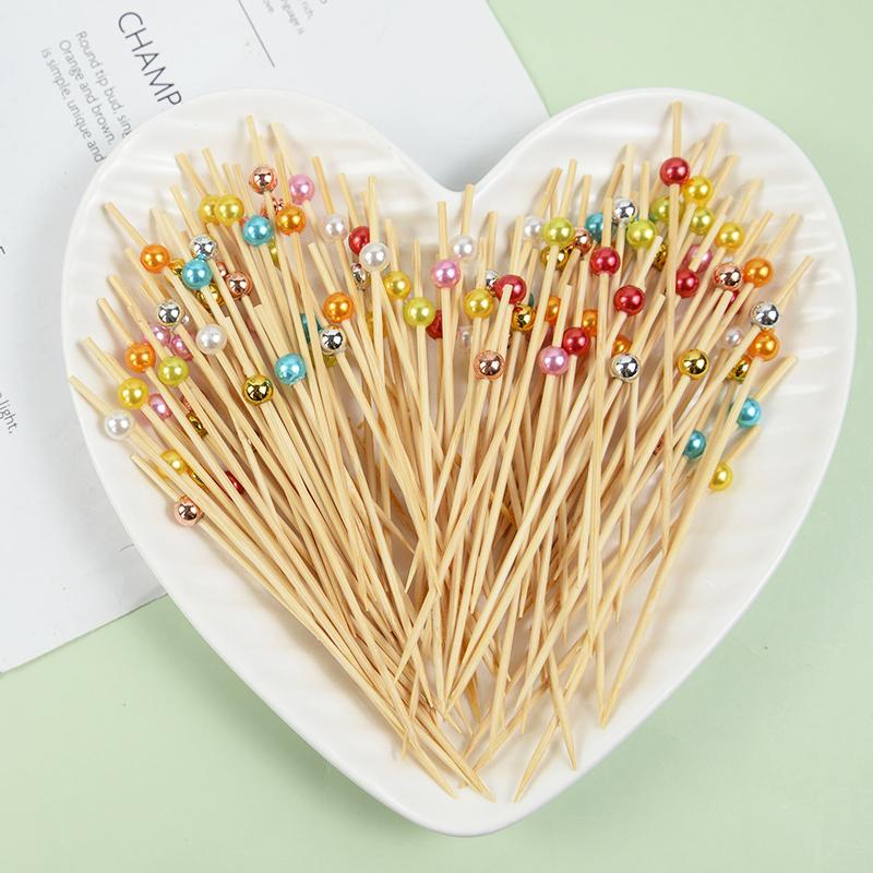 100pcs Wedding Party Pearl Disposable Skewers Food Fruit Picks Bamboo Cocktail Buffet Cake Toothpick Wedding Birthday Supplies