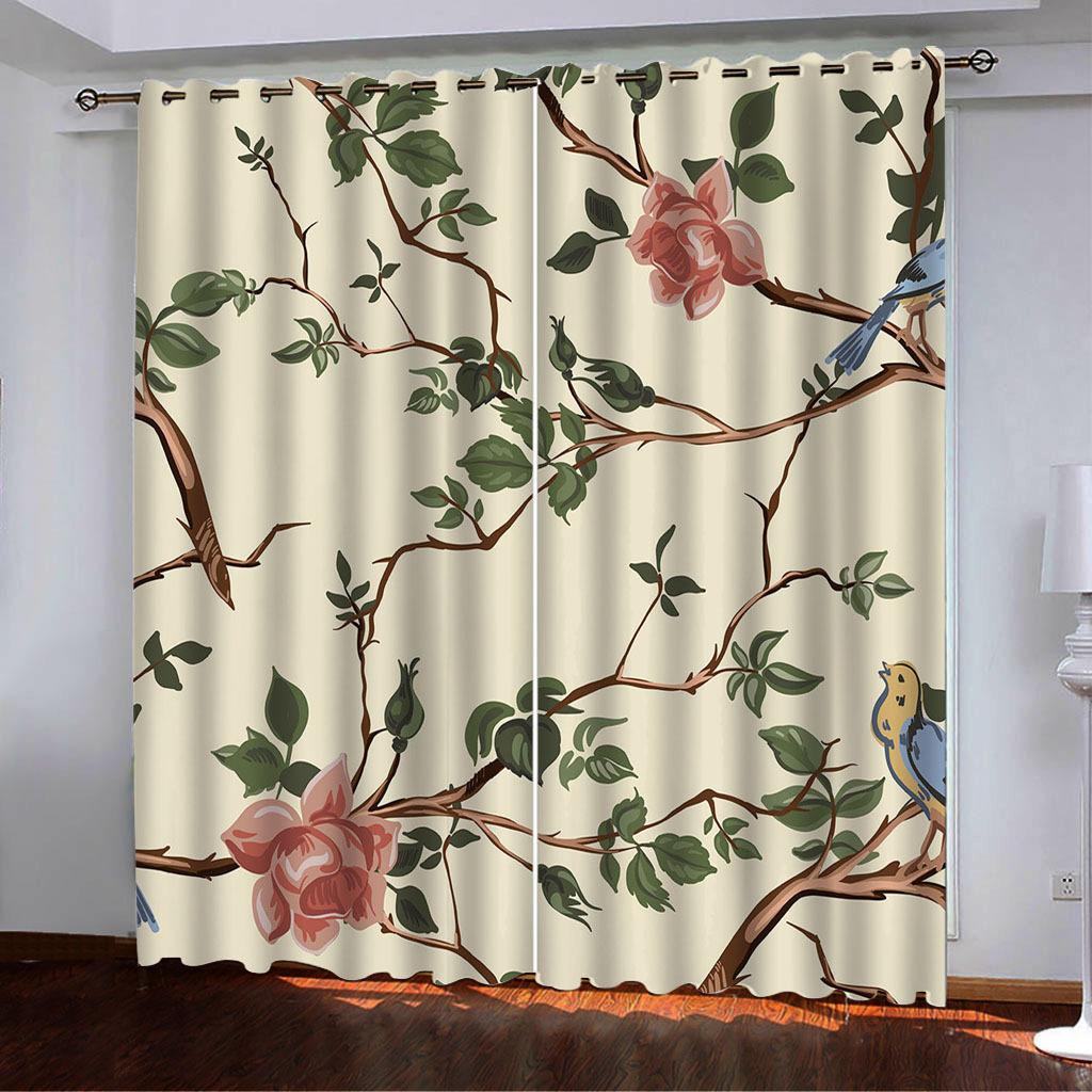 Curtains Flower And Bird Line Series Spring 3D Digital Printing High Density Blackout Curtains