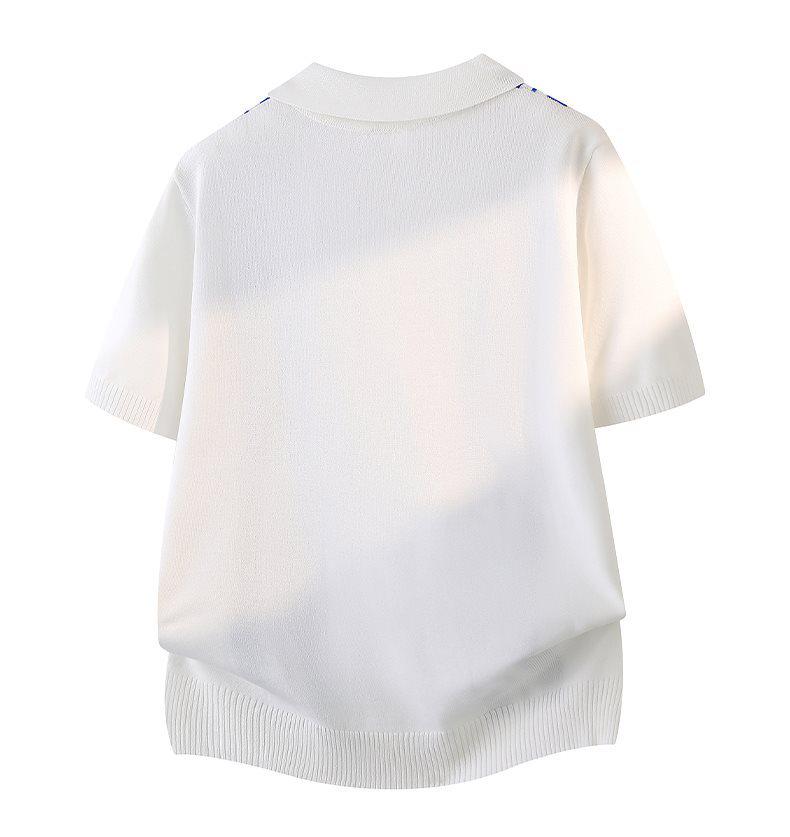 Men's Striped Patchwork Polo Collar Short Sleeve Knit Hoodie Top