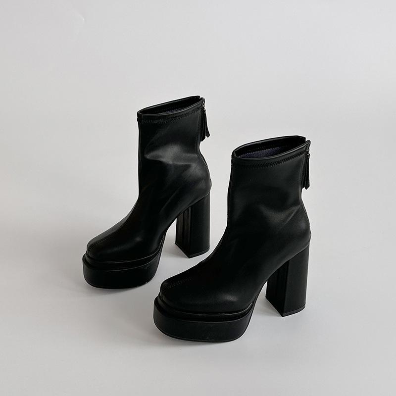 Fashion high sense super high heel thin boots women's autumn and winter Korean version thick heel leather boots non-slip rear zipper short boots