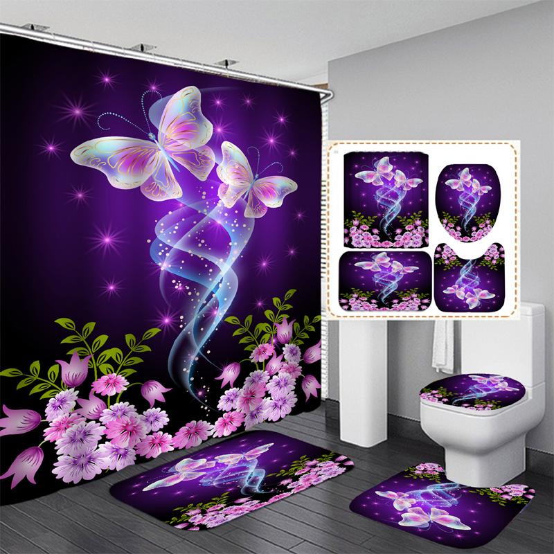 Modern Flowers And Butterfly Waterproof Shower Curtain Set Toilet Seat Cover Bath Nonslip Mat Rug Carpet Bathroom Decor Washable