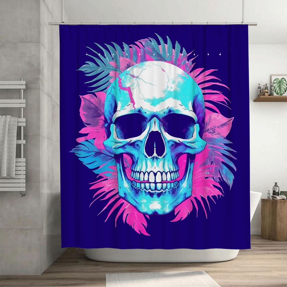 Artistic Skull Shower Curtain Neon Blue Pink Decor For Bathroom, Easy Hanging Shower Panels Modern Home Accents Decoration
