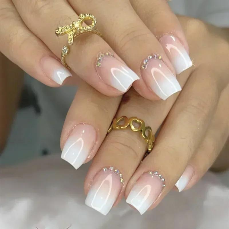 24Pcs Nude White French Fake Nail Short Square Nail Tips Fashion Wearable False Nails with Glue Simple Full Cover Press on Nails