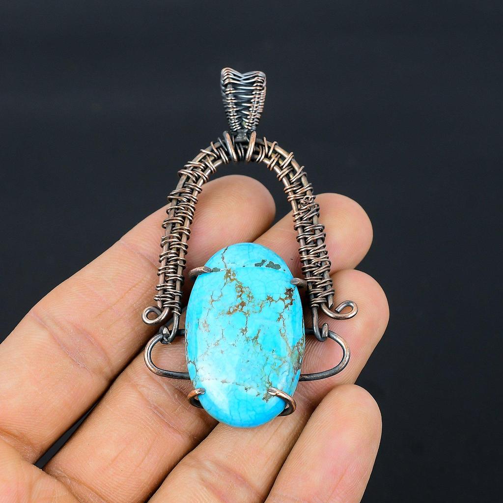 Tibetan Turquoise Pendant, 999 Copper Wire Wrapped Gemstone Jewelry, Handmade Pendant, For Thanksgiving
