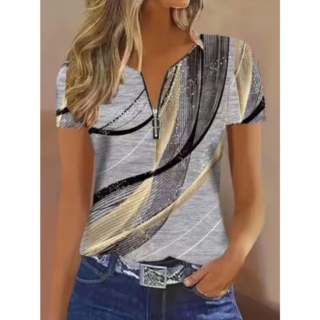 Summer Spring Mixed Color Wave Short Sleeve Zip T-shirt, Casual Fashion Top for Women, European American Style Crossbody Apparel