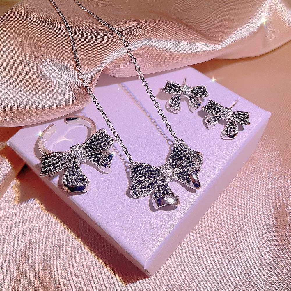 Sweet Creative Sea Bow Necklace Female  Stamp Black Gold Two Tone Stud Earrings Ring Jewelry Set