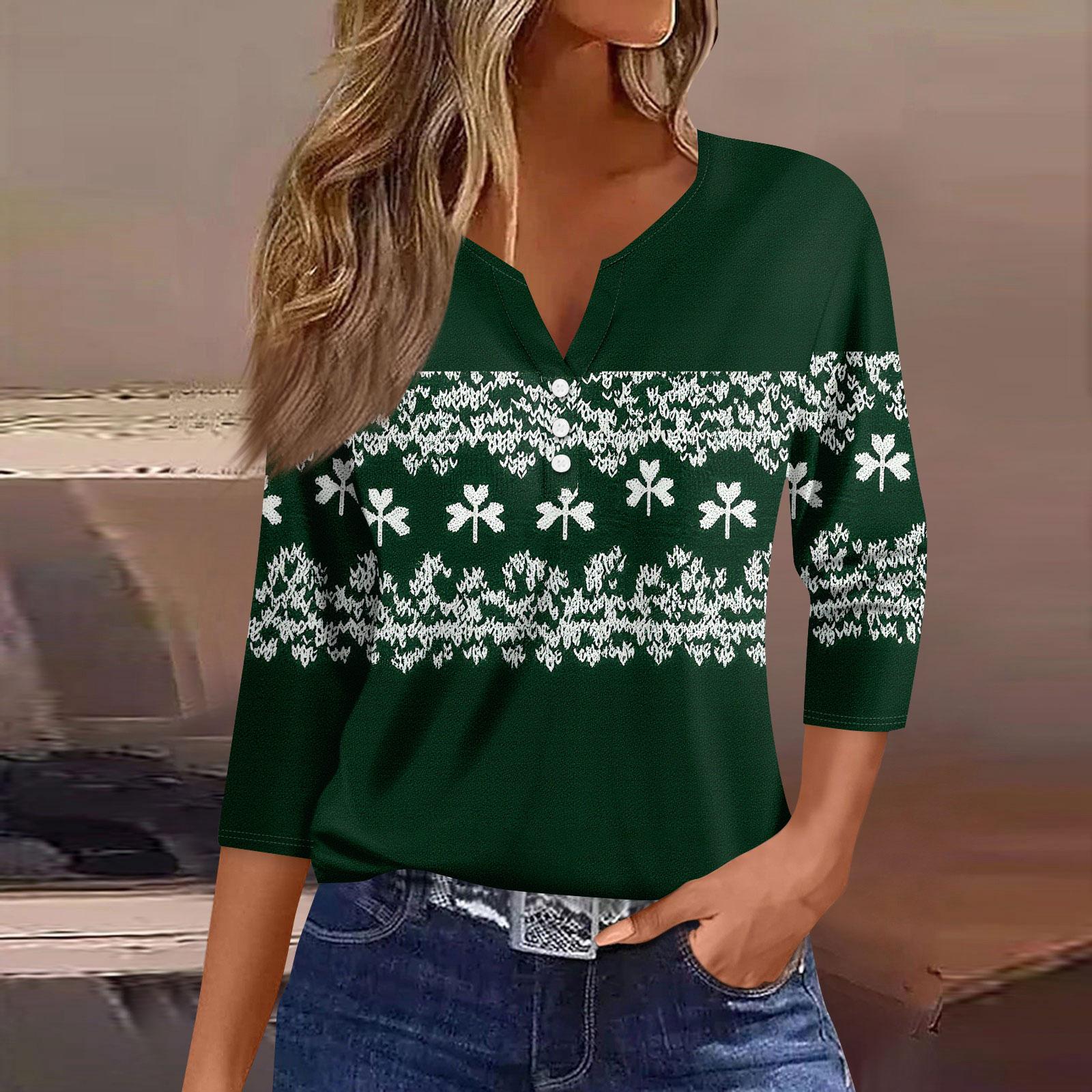 

Women s Fashion Button-Up V-Neck Three-Quarter Sleeve Valentine s Day Print Top S