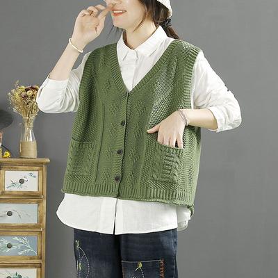 Autumn Winter Vintage Women Vest New V Neck Solid Color Single Button Fashion Knit Cardigan