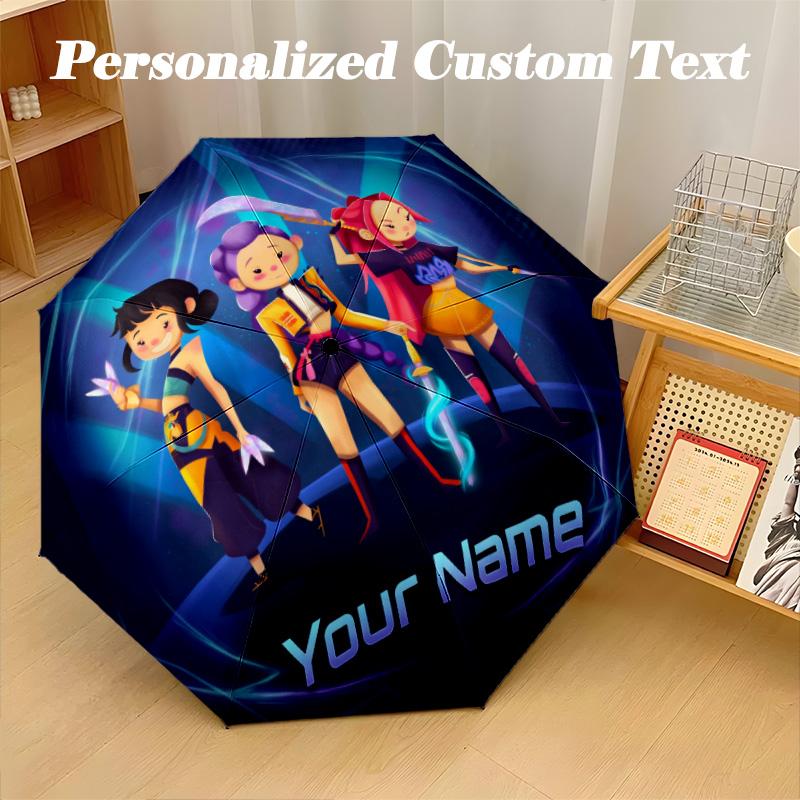8 Rib Auto Folding Umbrella Kpop Demon Hunters Print Custom Name Text Portable Rain Gear