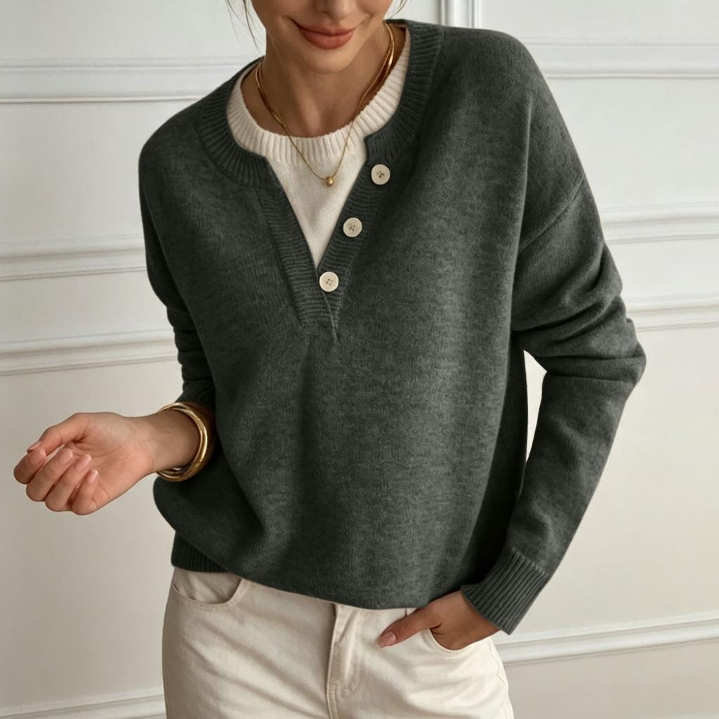 Women's V-Neck Knit Sweater with Button Placket
