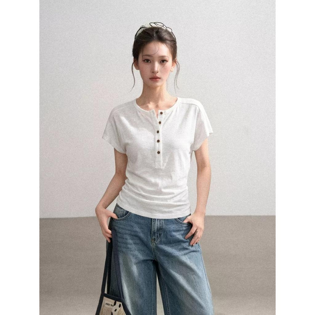 White Henry Collar Shoulder Short-sleeved T-shirt Women's Summer New Slim-fitting and Thin Waist Short Half-sleeved Top