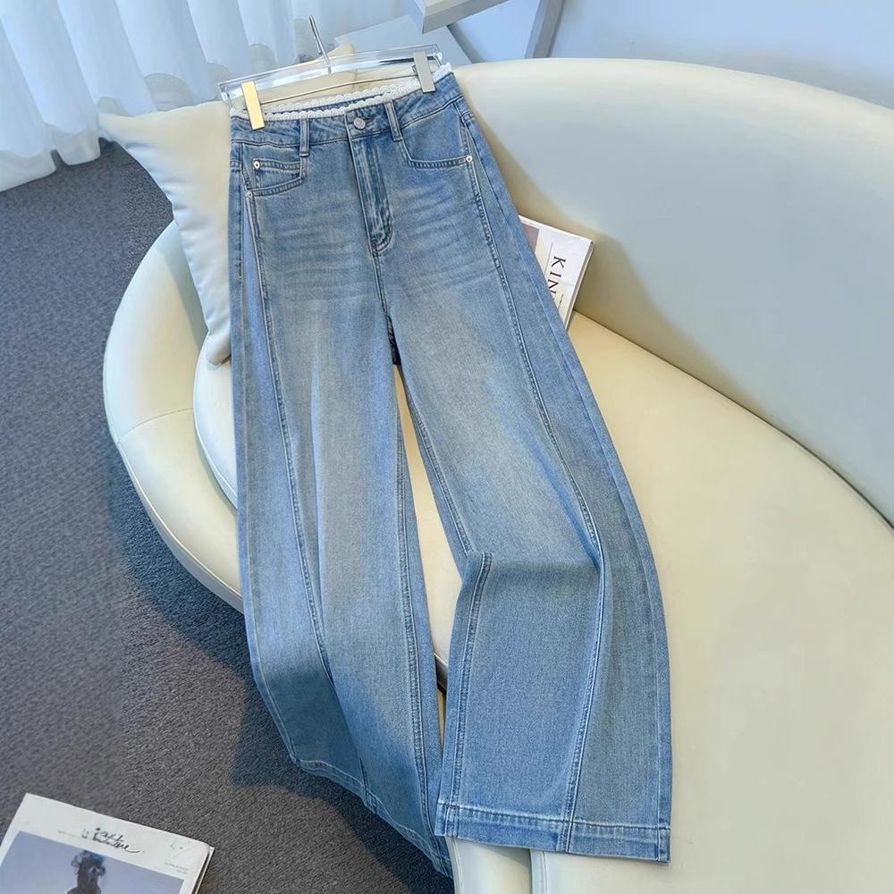 

Women s High-Waisted Lace Patchwork Wide-Leg Jeans, Spring/Summer 2025 Retro Loose Slimming Straight-Leg Pants 29/XL (115-125 Jin) синій