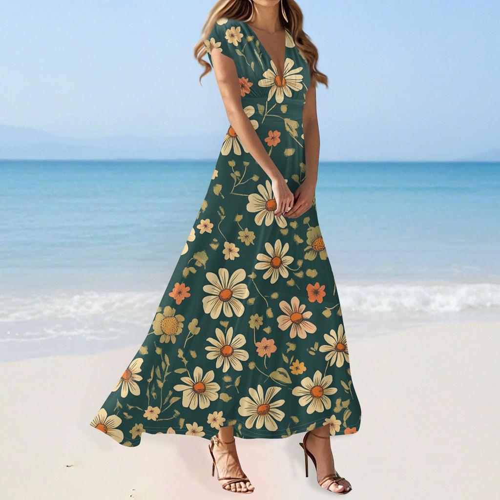 Maxi Dress For Womens High Waiste Deep V Neck Dress Printed Dresses Beach Flowy Dress Retro Summer Dresses