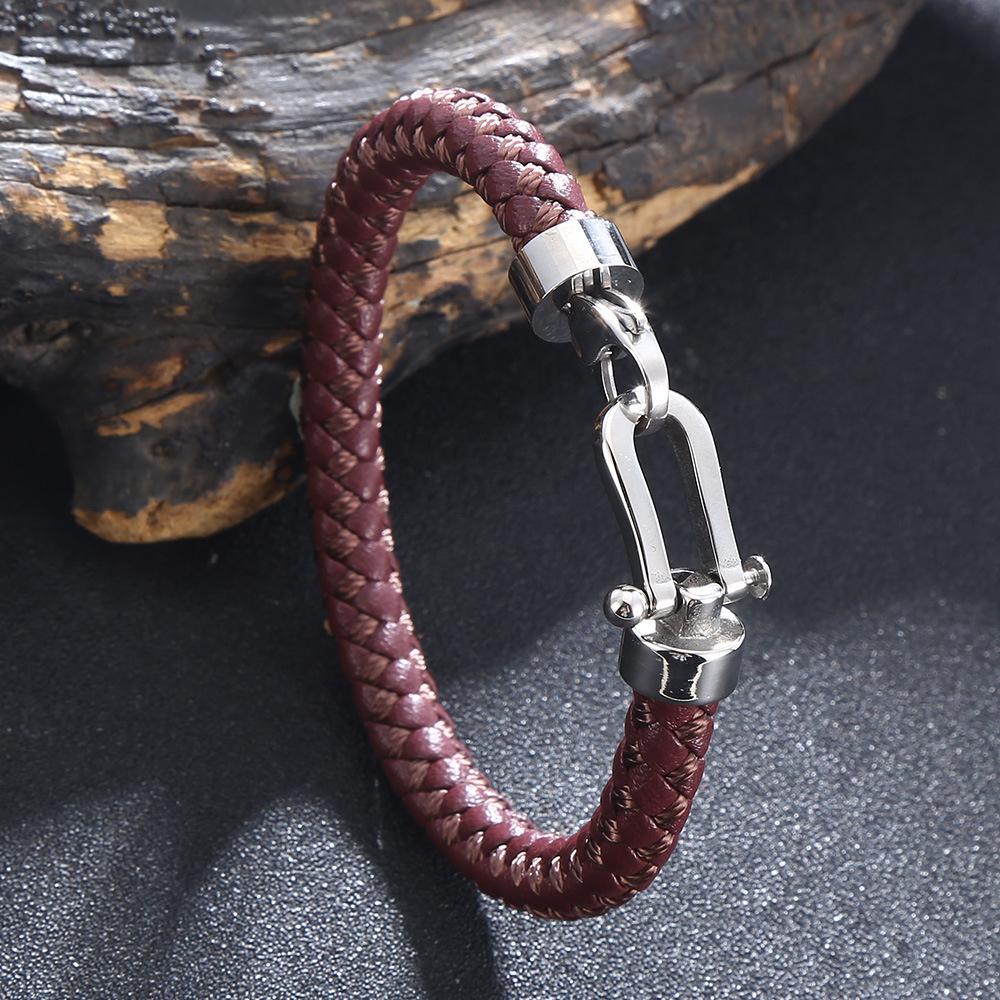 

Классический браслет из плетеной кожи из нержавеющей стали с застежкой-карабином в форме подковы, ручная работа, модные мужские украшения 185mm коричневый