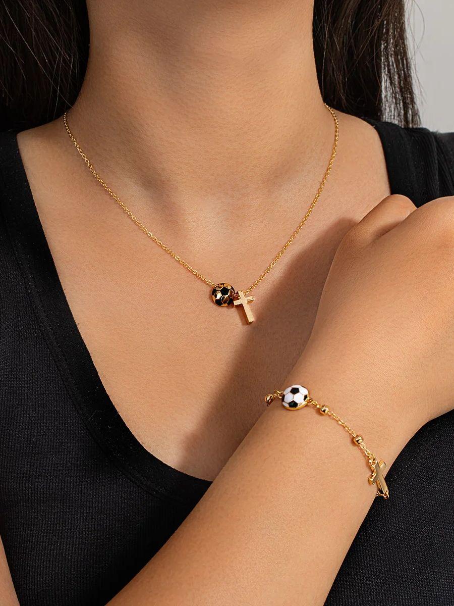 

Football cross necklace and bracelet set, niche designed layered clavicle chain, sporty fan-friendly versatile jewelry