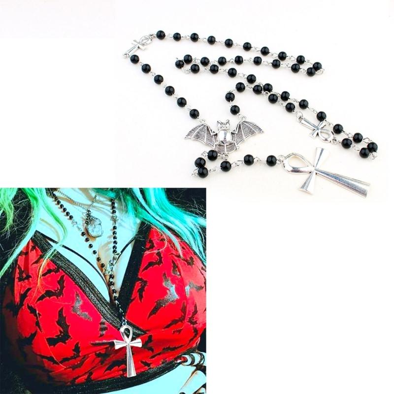 Ankh Kreuz Fledermaus Anhänger Halskette Goth Lange Rosenkranz Perlen Halskette Halloween Schmuck Y2k Punk Pullover Kette Halskette