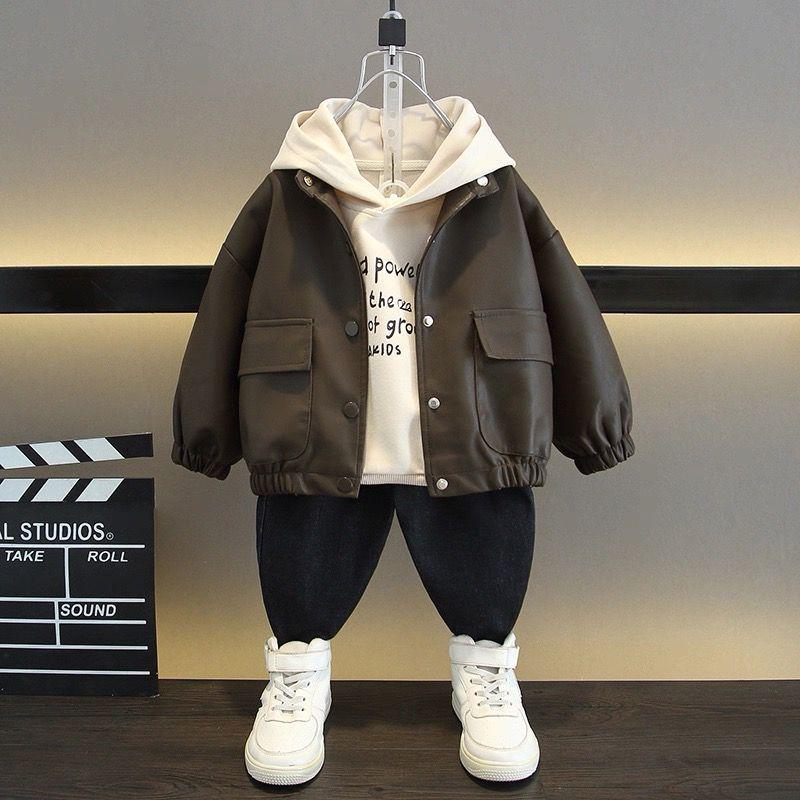 

Осенний кожаный костюм для мальчиков 2025: Корейский стиль крутой свитшот комплект из двух частей 120 [Height 110-120 cm, Age 5-6]