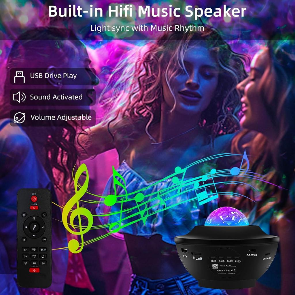 New Music Star Projector with Remote Control and Timer for Bedroom, Sound Activated Night Light with Speaker Functionality.
