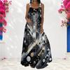 Women Plus Size Scoop Neck Strappy Sleeveless Gray Black Geometric Printed A Line Long Dress