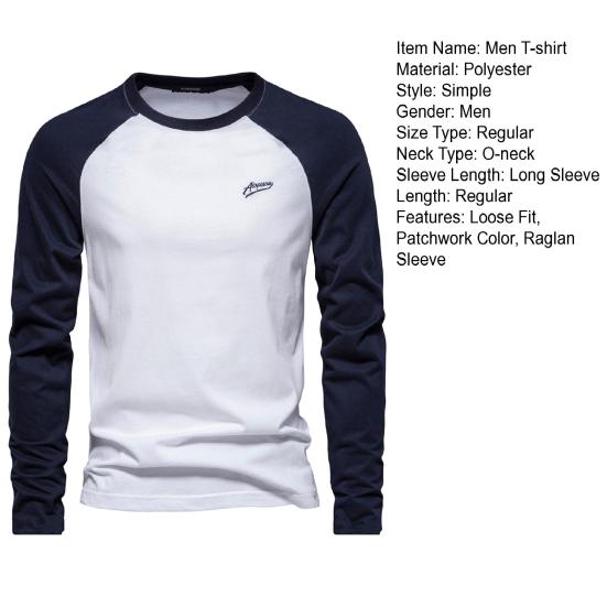 Men Raglan Long Sleeve T-shirt O-Neck Patchwork Color Pullover Tops Loose Fit Elastic Cuffs Breathable Casual Tops