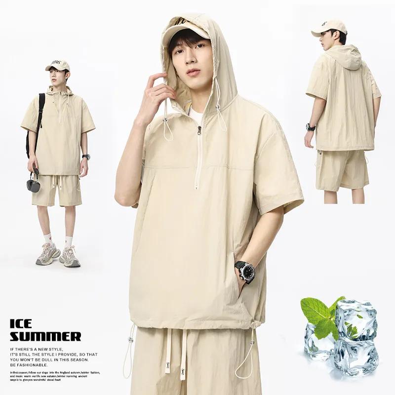 Men's Beige Half Sleeve Hoodie Shorts 2-Piece Set Loose Fit Casual Sportswear
