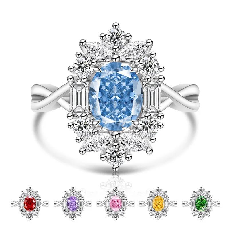 925 Sterling Silver Ice Flower Cut Stylish Luxury Multi-Colored Crystal Zircon Ring Birthday Anniversary Wedding Party Gift